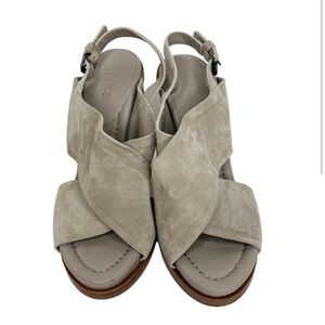Vince Helena Gray Suede Wooden heeled Sandals with Twisted Strap Design